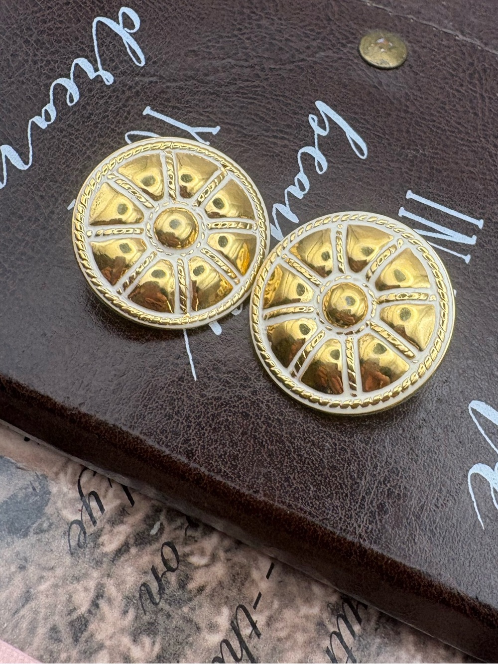 Vintage Gold White Enamel Statement Earrings Nautical Button Studs